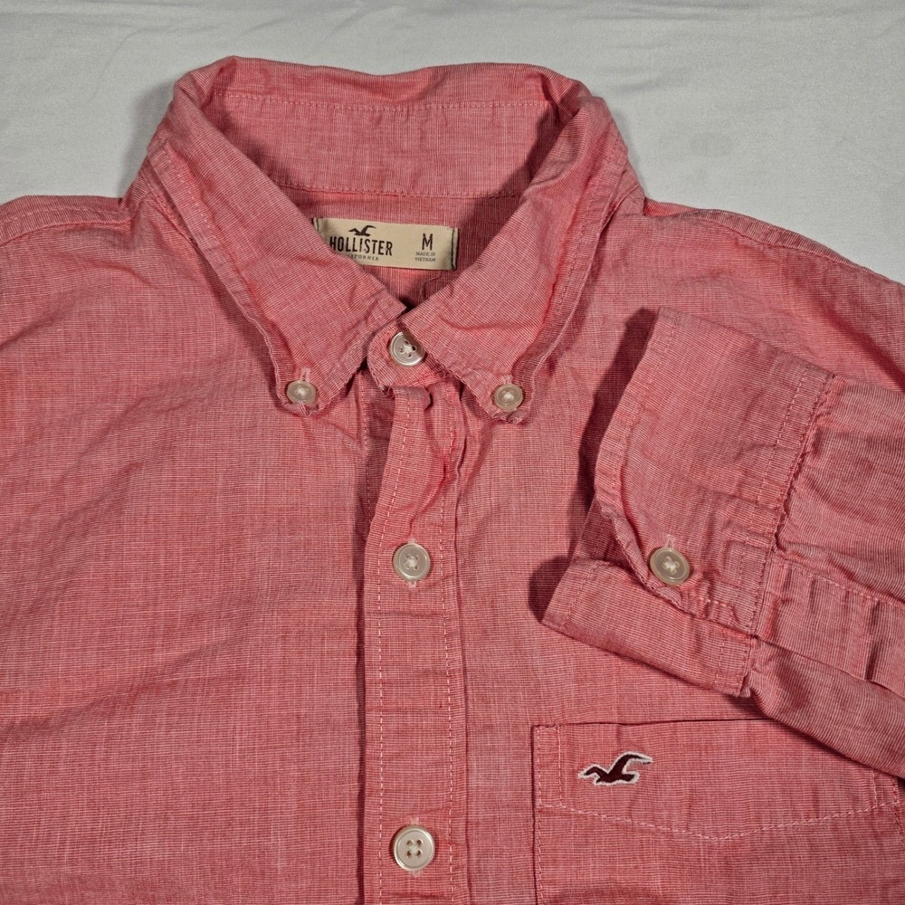 Hollister Mens Button Down Shirt Medium Coral Pink Long Sleeve Cotton Logo